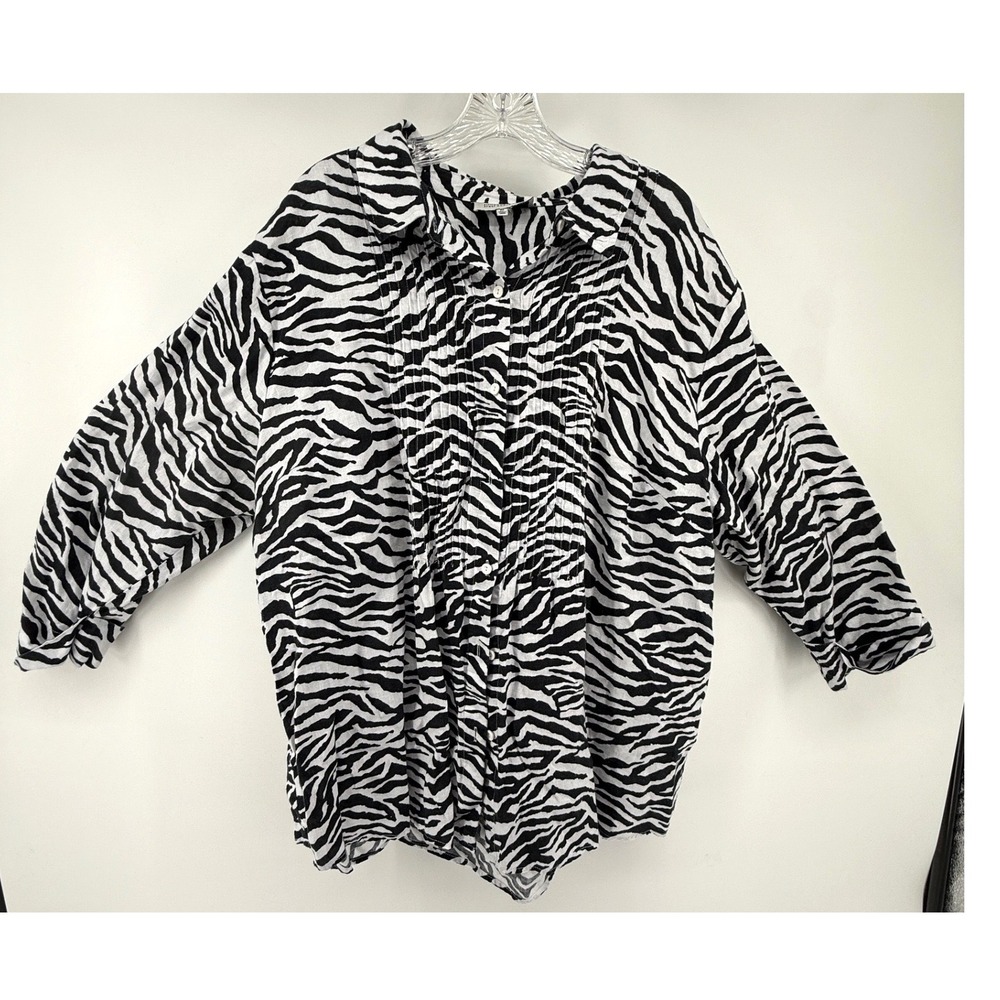Jones New York Sport Woman 2X Zebra Print 100% Linen Pintuck Button Front Shirt